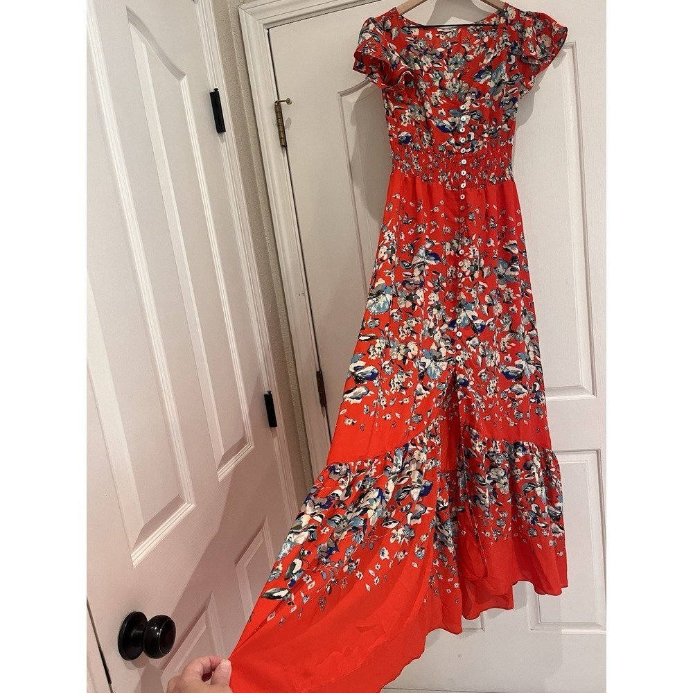 Miss Me Vibrant Maxi M Smocked Button Flowy Tiered Floral All Over Print Garden